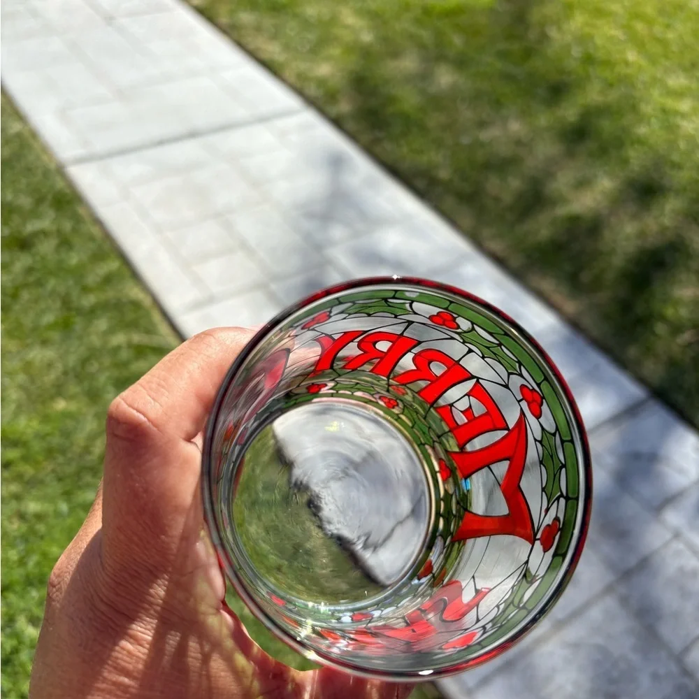 1970’s Cera Merry Christmas Holly Stained Glass Old Fashion Glasses Set of 4 EUC